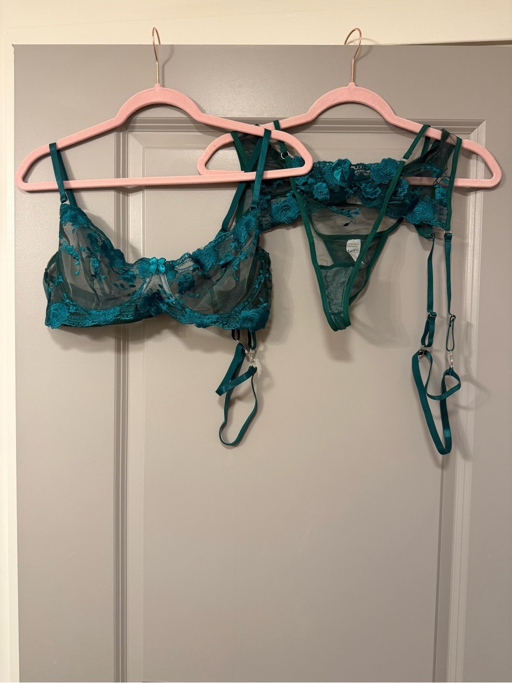 Emerald Green Floral Embroidered Lingerie Garter Set XL